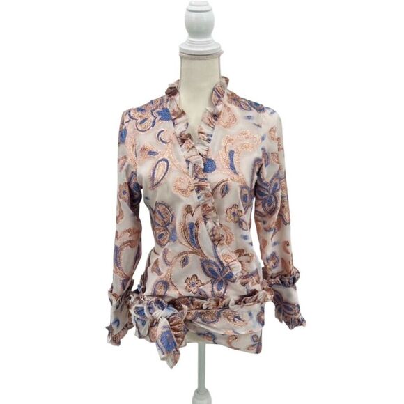 NWT Alexis Blouse Top Crop Blue Gold Cream Size M - Picture 4 of 11